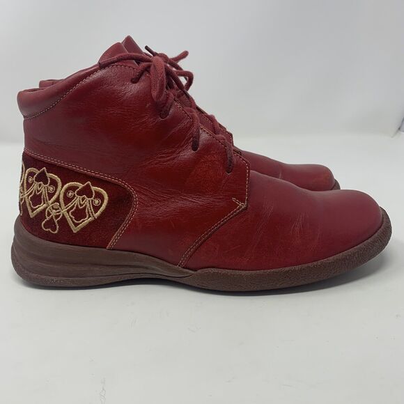 THINK! Denk! Leather Embroidered Ankle Boots 37 US 6 Lace Up‎ Red Comfortable - Picture 5 of 16